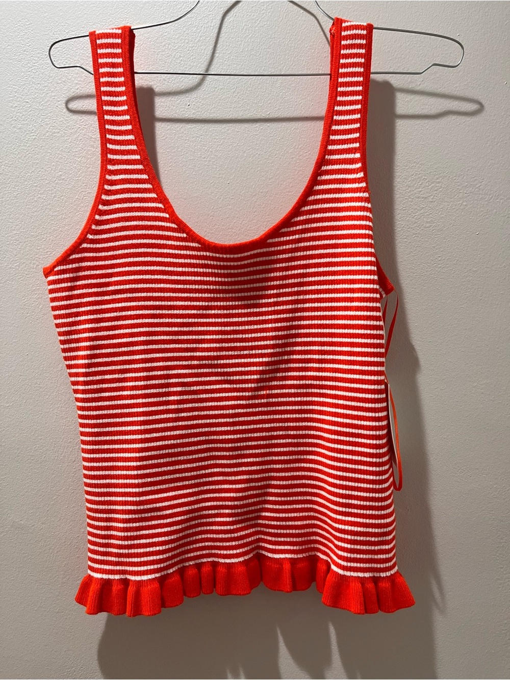 Striped Orange & White Knit Tank with Ruffle Hem